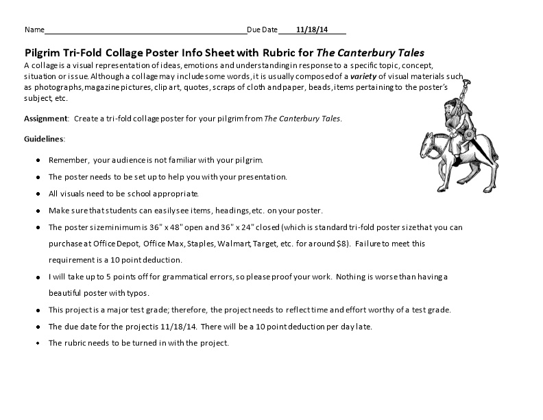Pilgrim Tri-Foldcollage Poster Info Sheet with Rubric for the Canterbury Tales