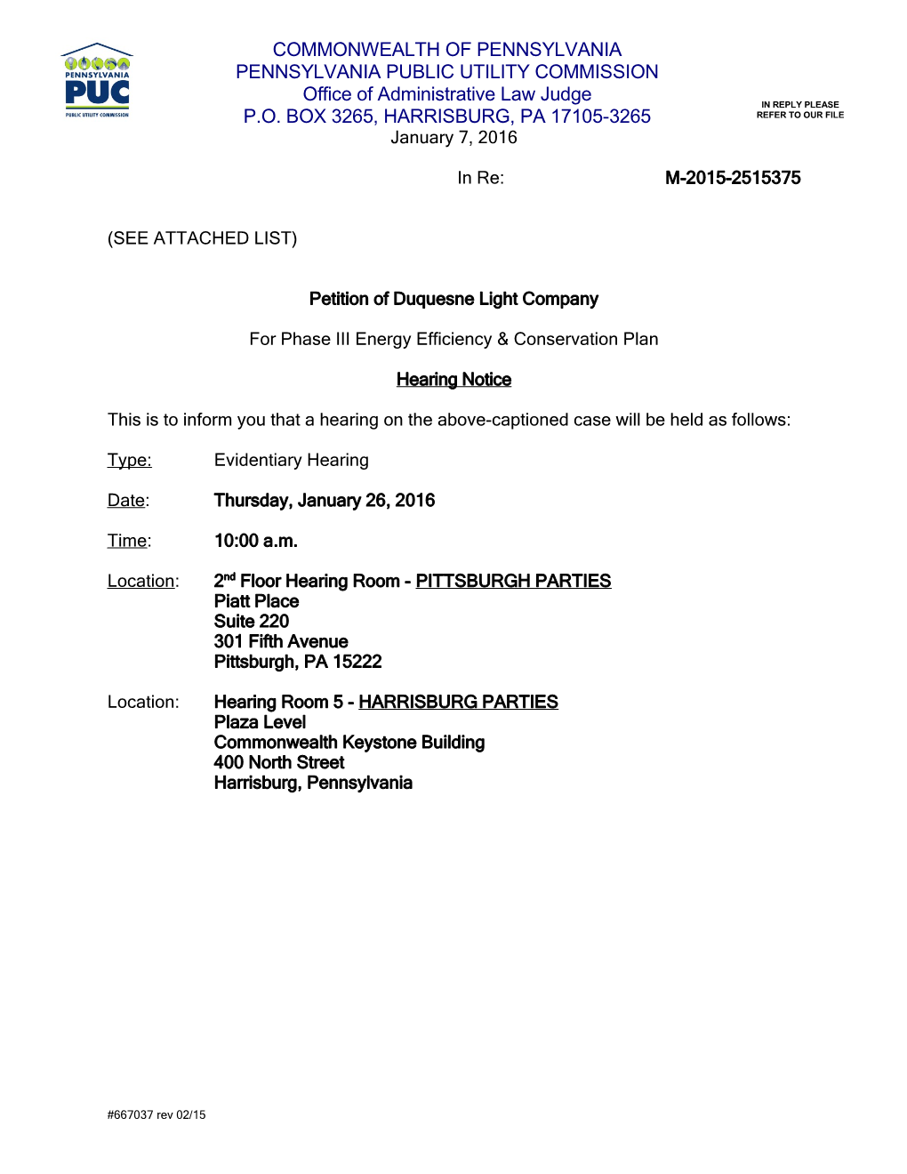 Pittsburgh Prehearing Conference Notice