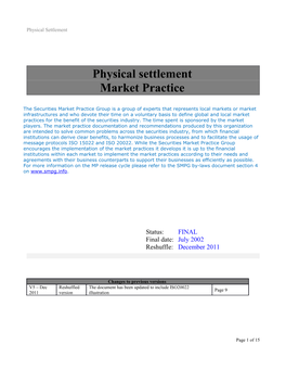 Place of Safekeeping Market Practice