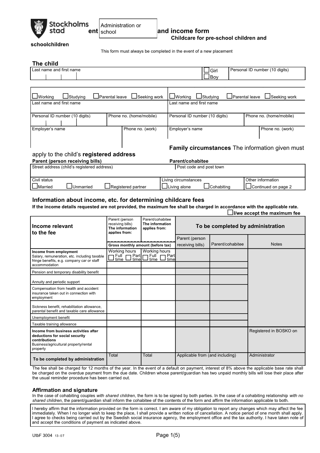Placement and Income Form