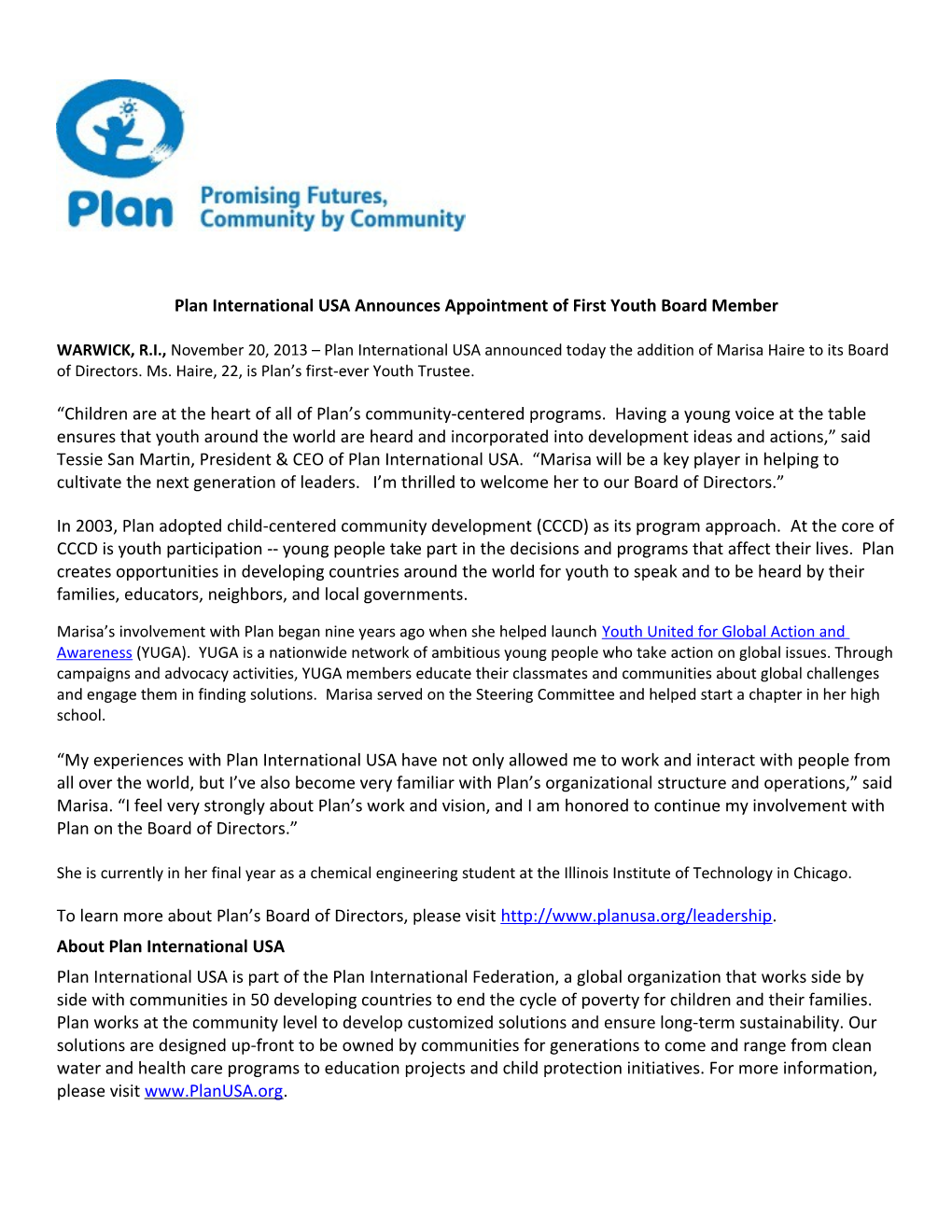 Plan International USA Announces Appointment of First Youth Board Member