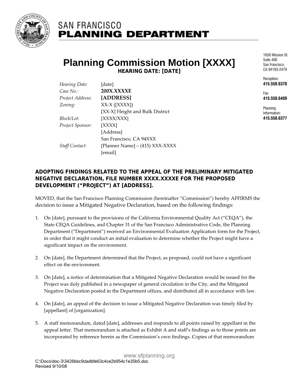 Planning Commission Motion XXXX