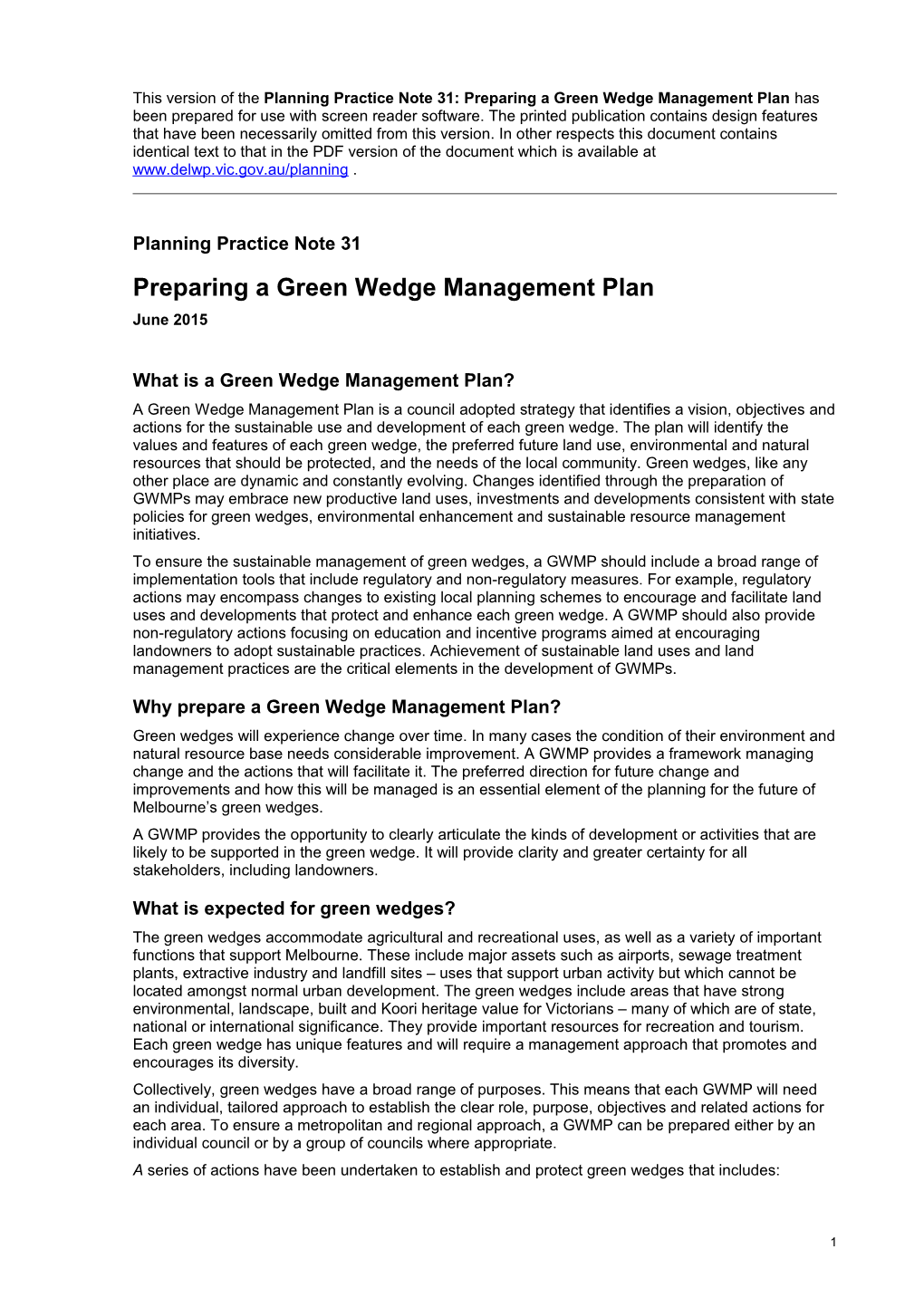 Planning Practice Note 31: Preparing a Green Wedge Management Plan