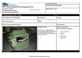 Plant and Equipment Risk Management Form - Thicknesser