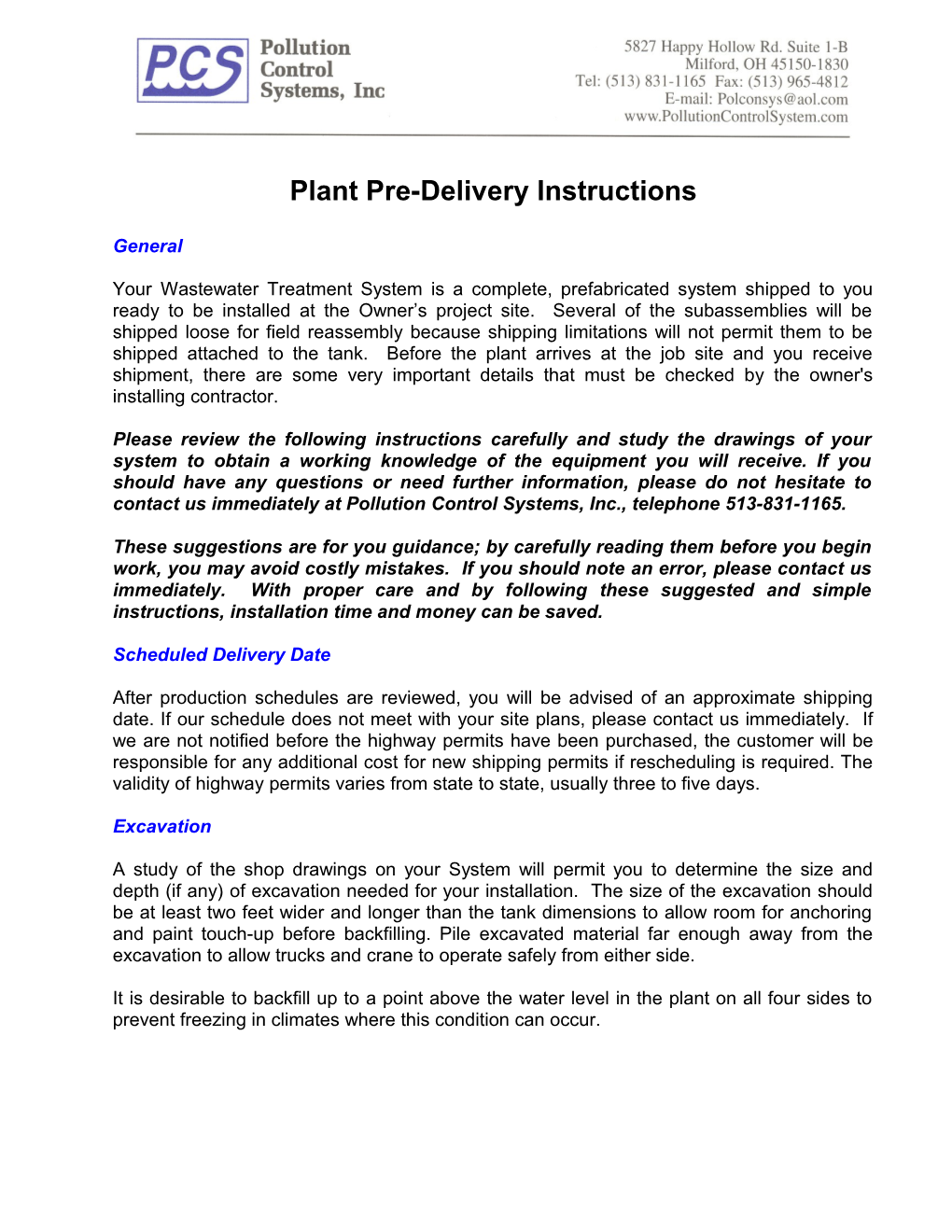 Plant Pre-Delivery Instructions