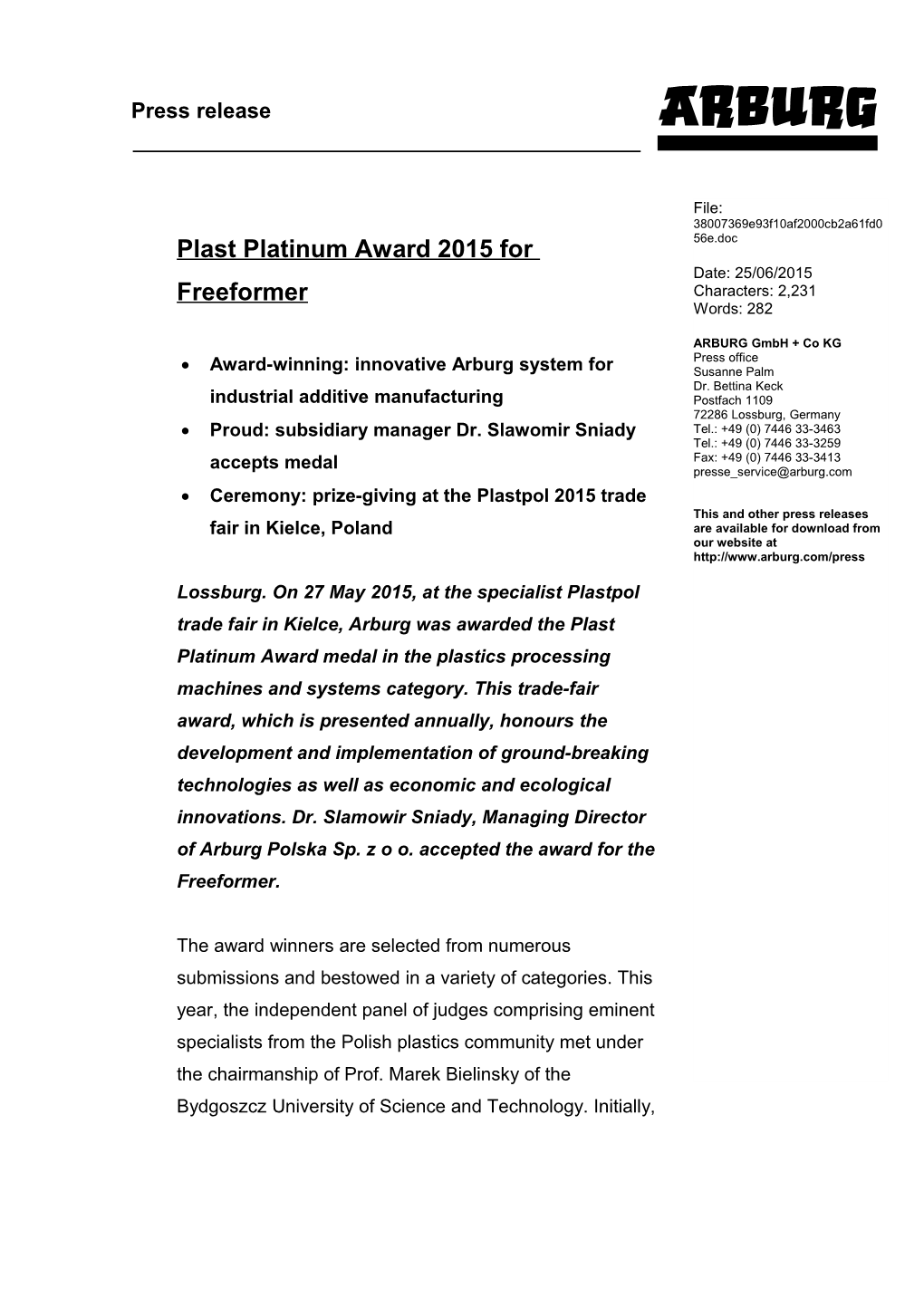 Plast Platinum Award 2015 for Freeformer