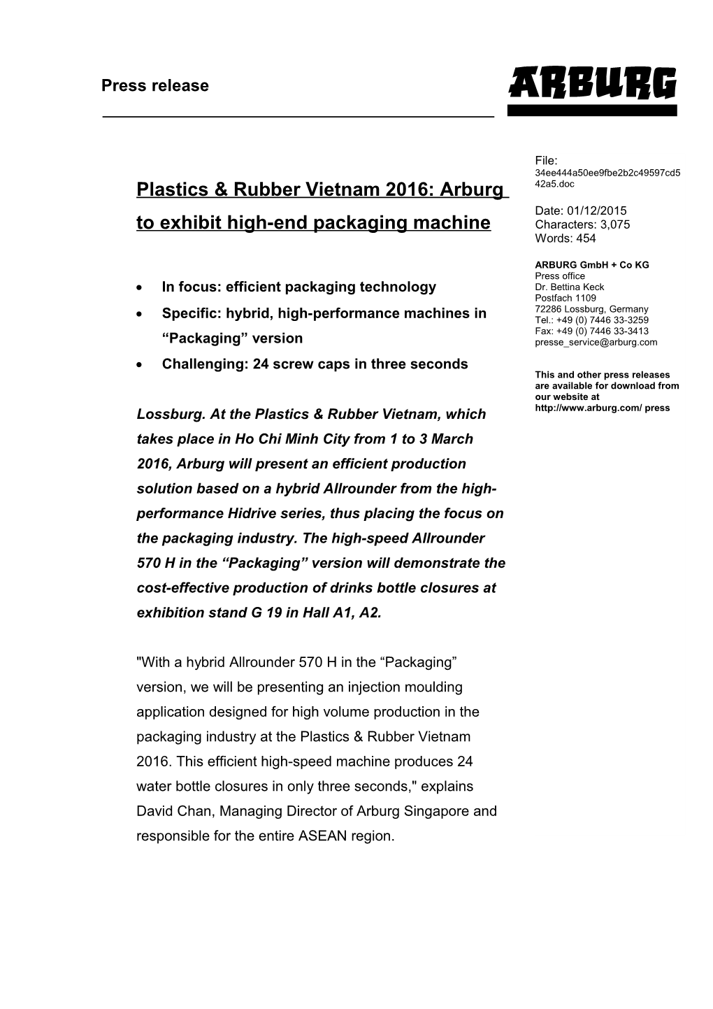Plastics & Rubber Vietnam 2016: Arburg to Exhibit High-End Packaging Machine