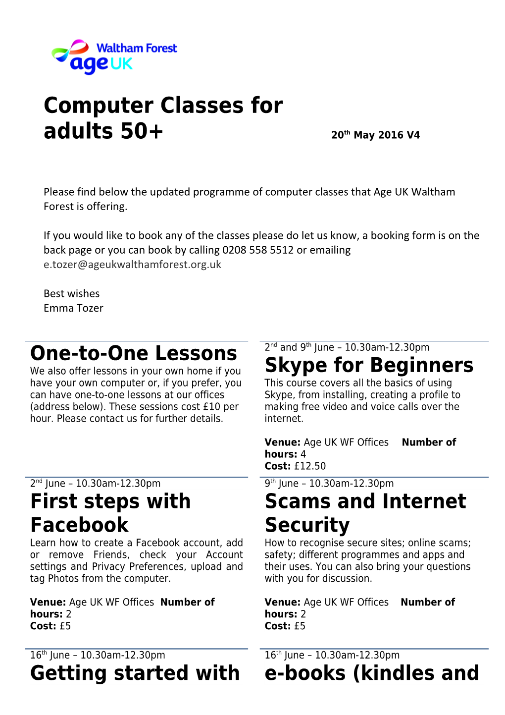 Please Find Below the Updated Programme of Computer Classes That Age UK Waltham Forest