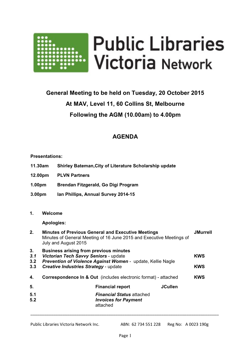 PLVN General Meeting Agenda, 16 June 2015