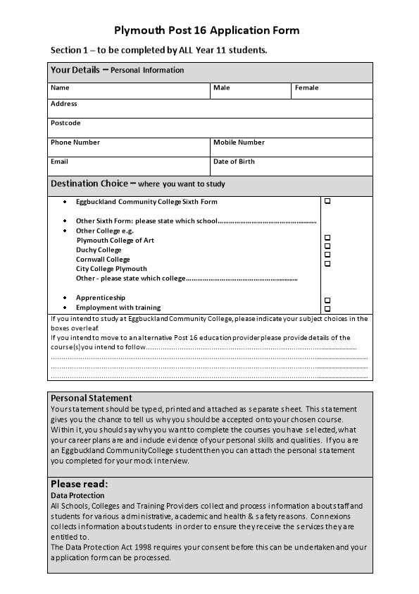 Plymouth Post 16 Application Form