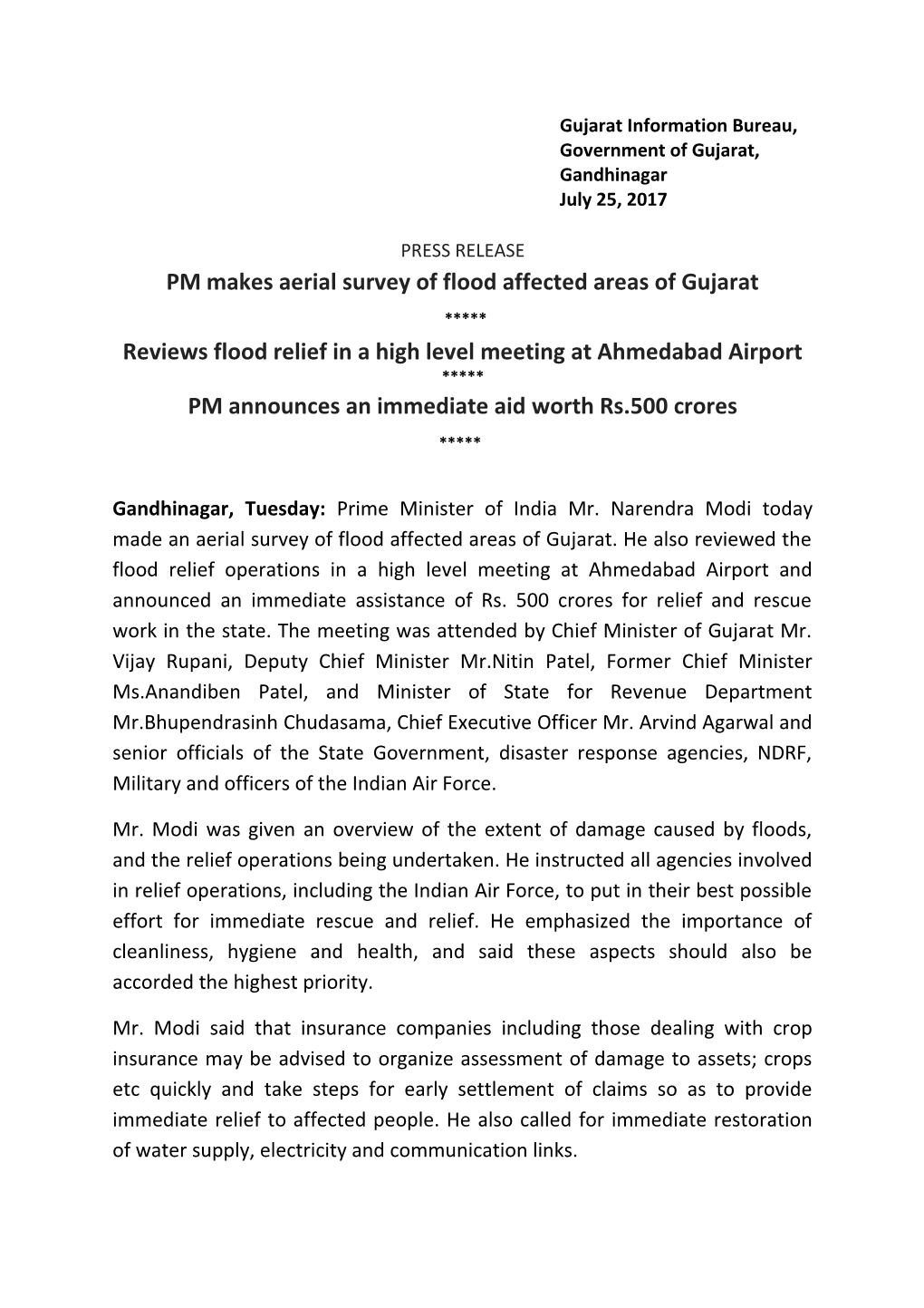 Pmmakes Aerial Survey of Flood Affected Areas of Gujarat