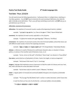 Poetry Test Study Guide 6Th Grade Language Arts