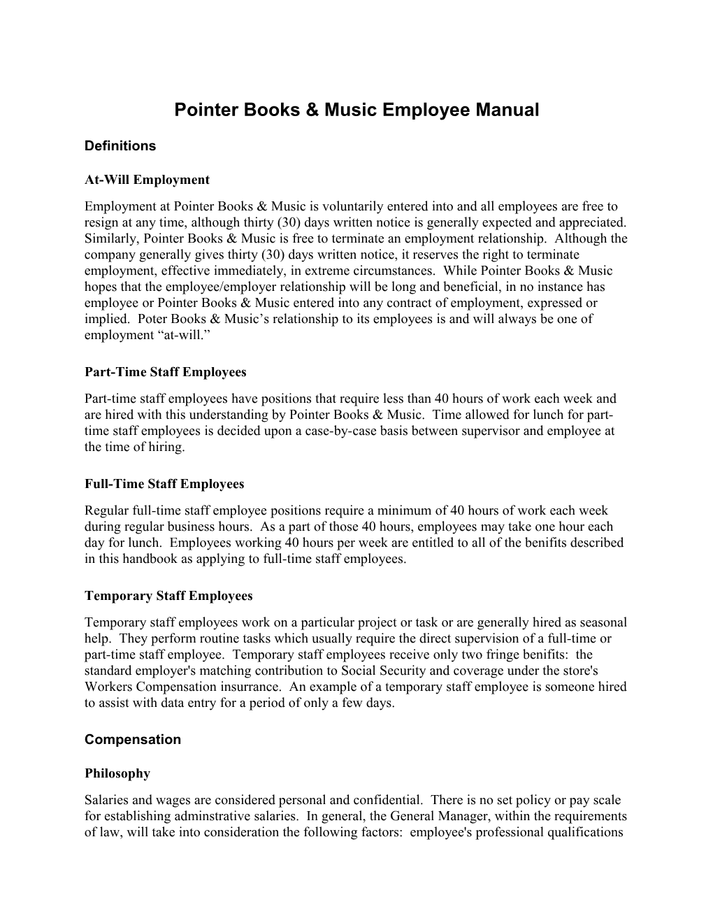 Pointer Books & Music Employee Manual