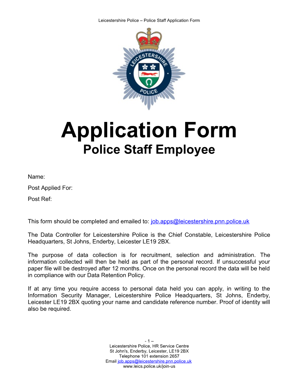 Police Staff Application Pack