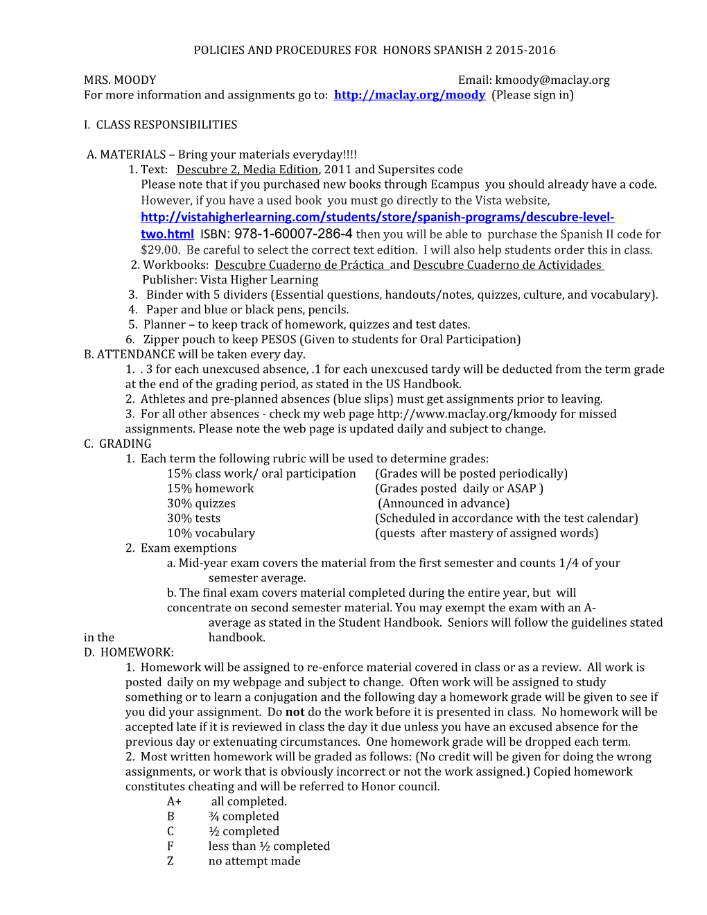Policies and Procedures for Honors Spanish 22015-2016