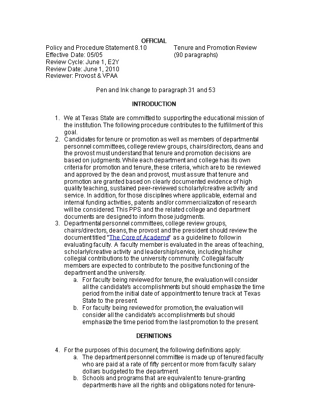 Policy and Procedure Statement 8.10Tenure and Promotion Review