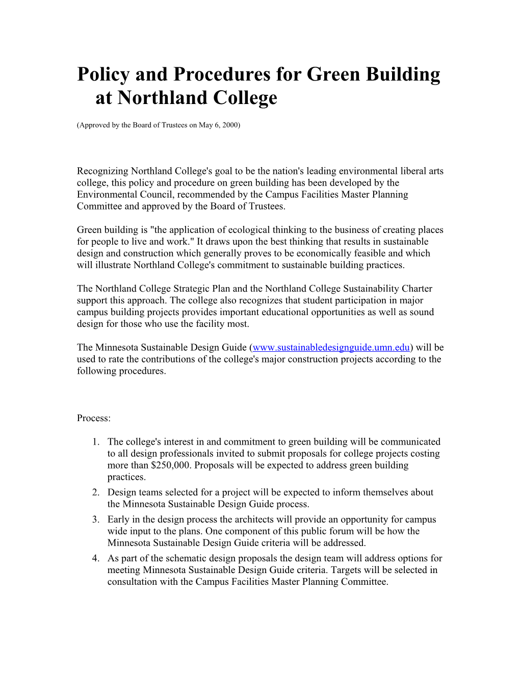Policy and Procedures for Green Building at Northland College