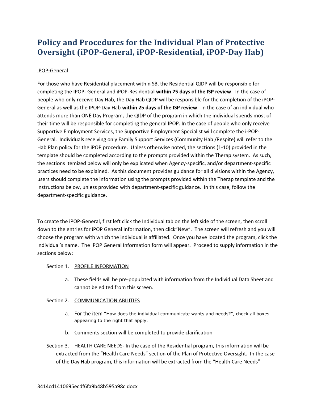Policy and Procedures for the Individual Plan of Protective Oversight (Ipop-General