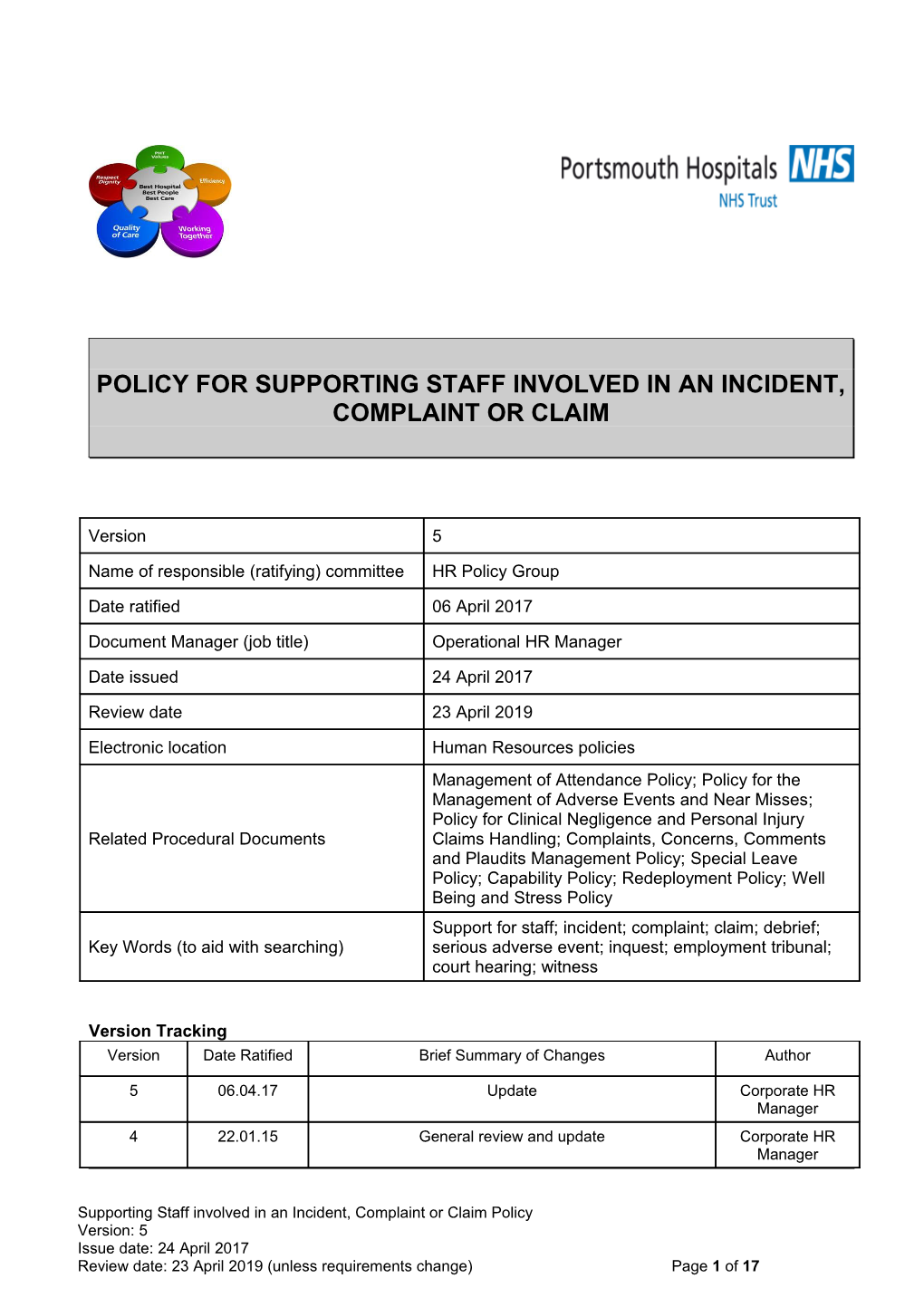 Policy for Supporting Staff Involved in an Incident, Complaint Or Claim