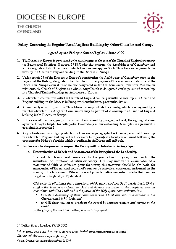 Policy Governing the Regular Use of Anglican Buildingsby Other Churches and Groups