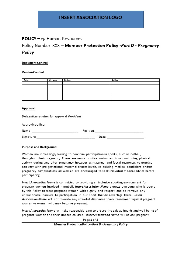 Policy Number XXX Member Protection Policy -Part D -Pregnancy Policy