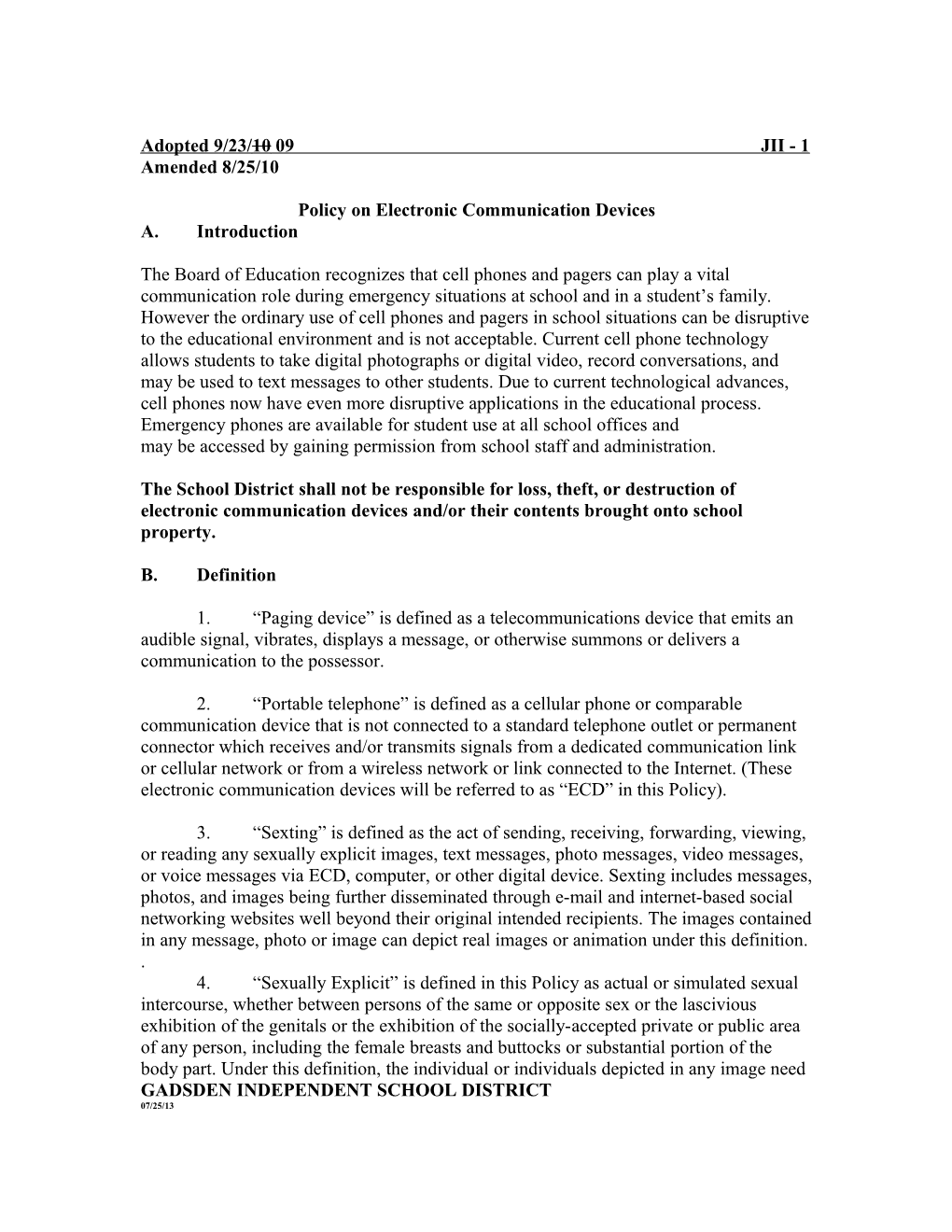 Policy on Electronic Communication Devices