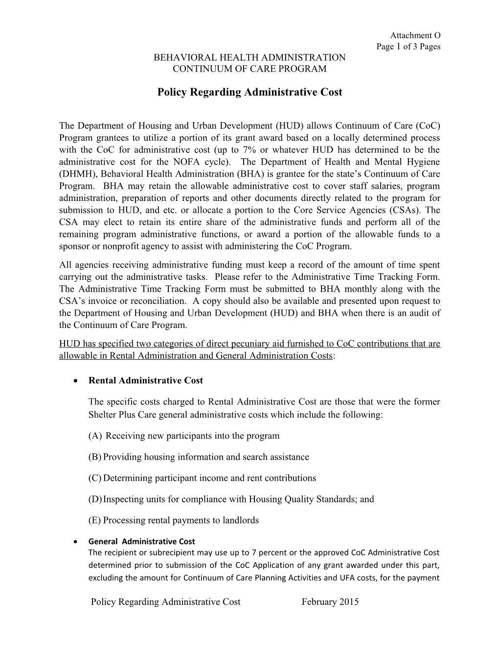 Policy Regarding Administrative Cost