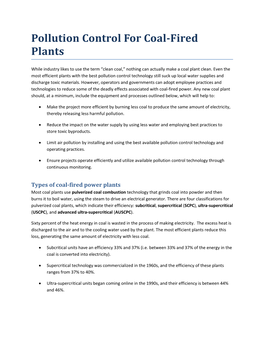 Pollution Control for Coal-Fired Plants