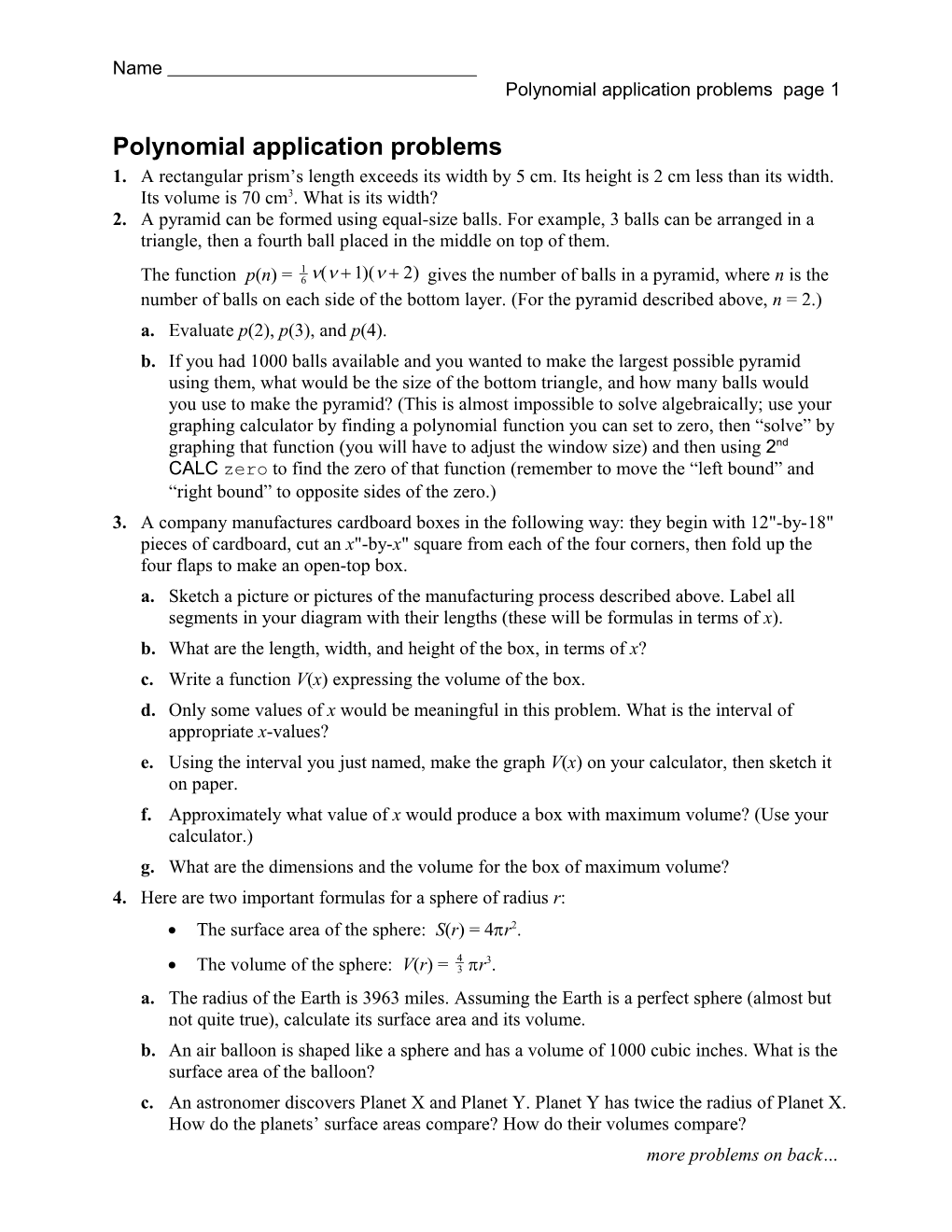 Polynomial Application Problems Page 1