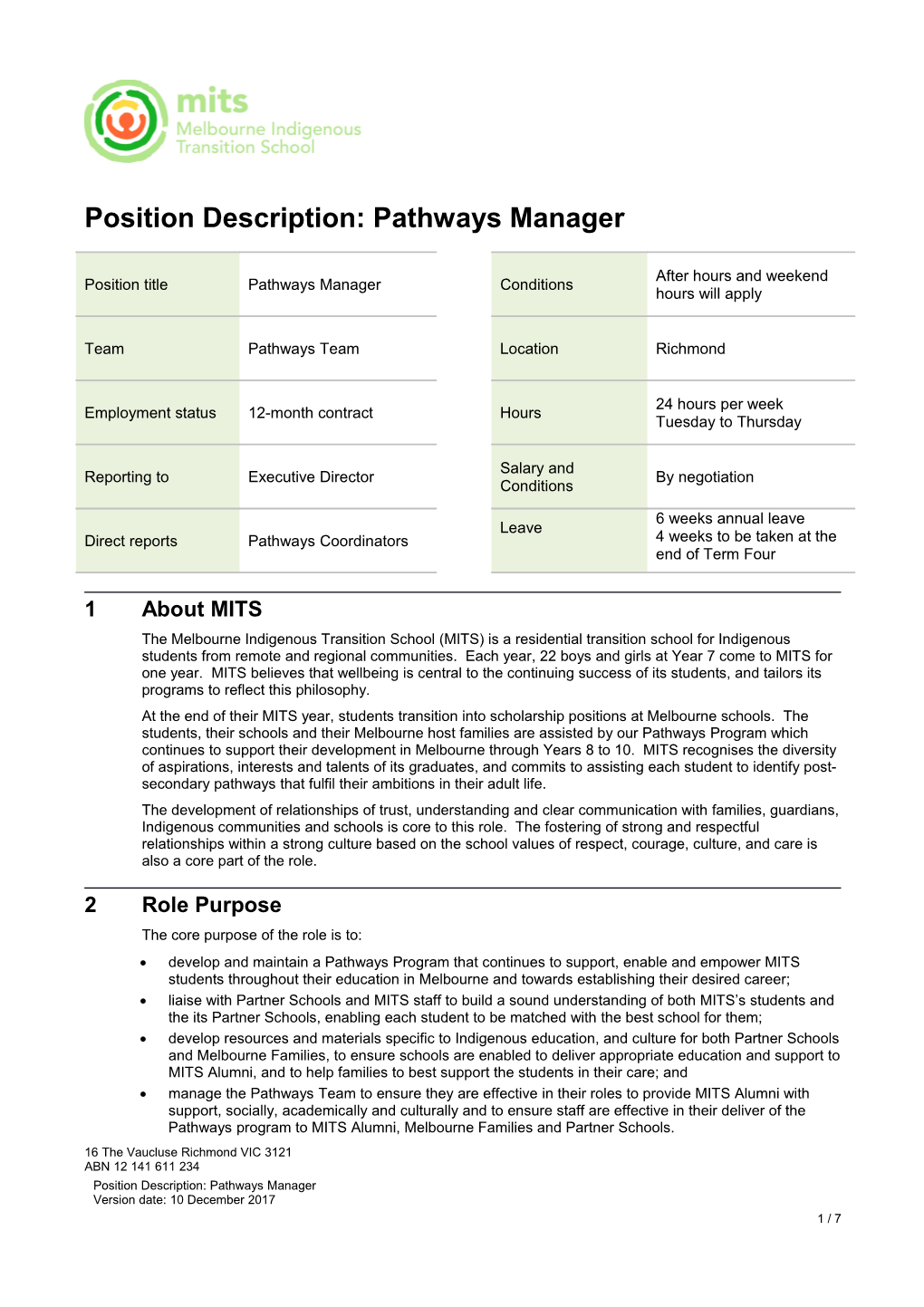 Position Description: Pathways Manager
