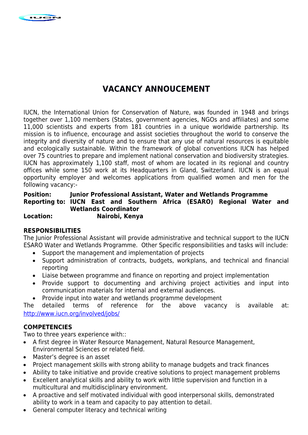 Position:Junior Professional Assistant, Water and Wetlands Programme