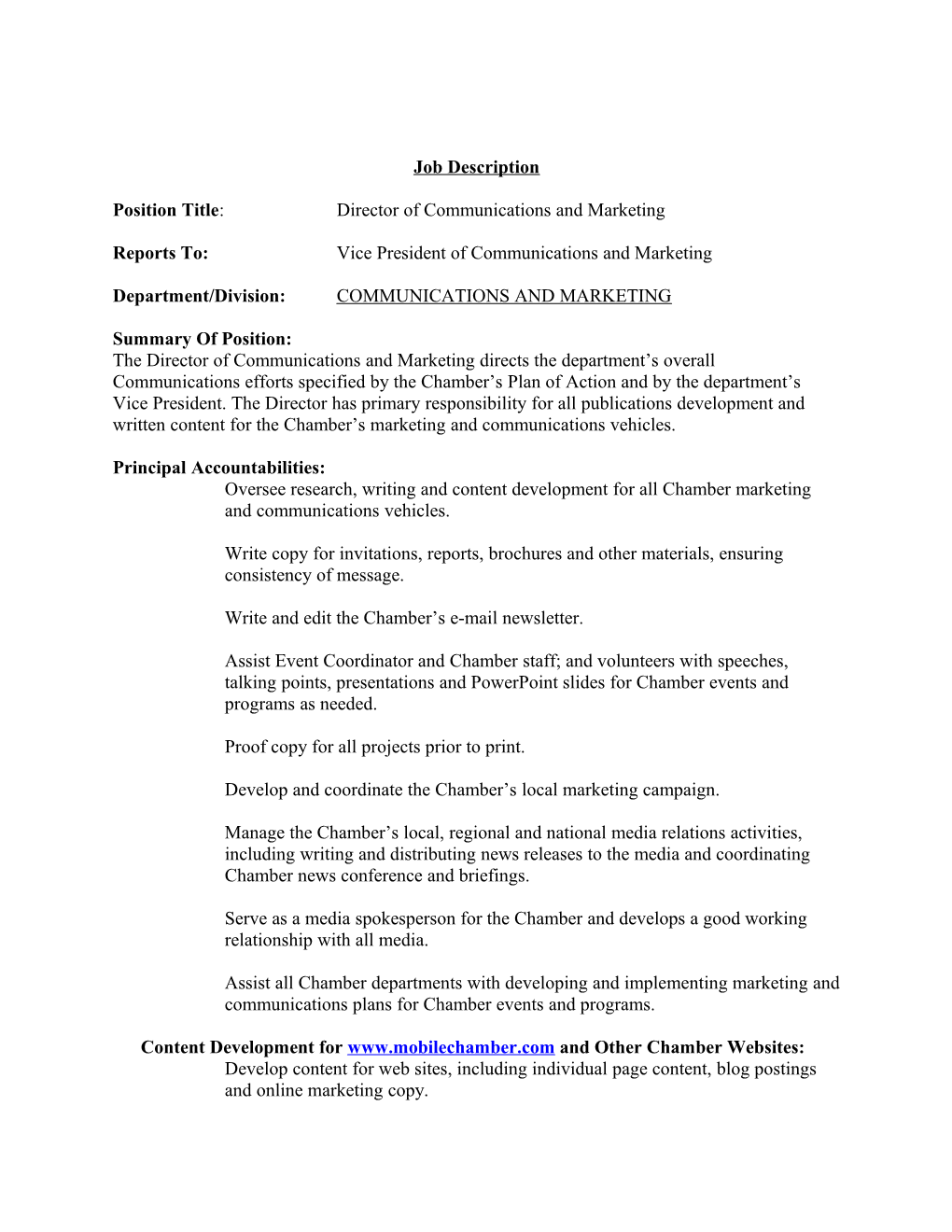Position Title:Director of Communications and Marketing