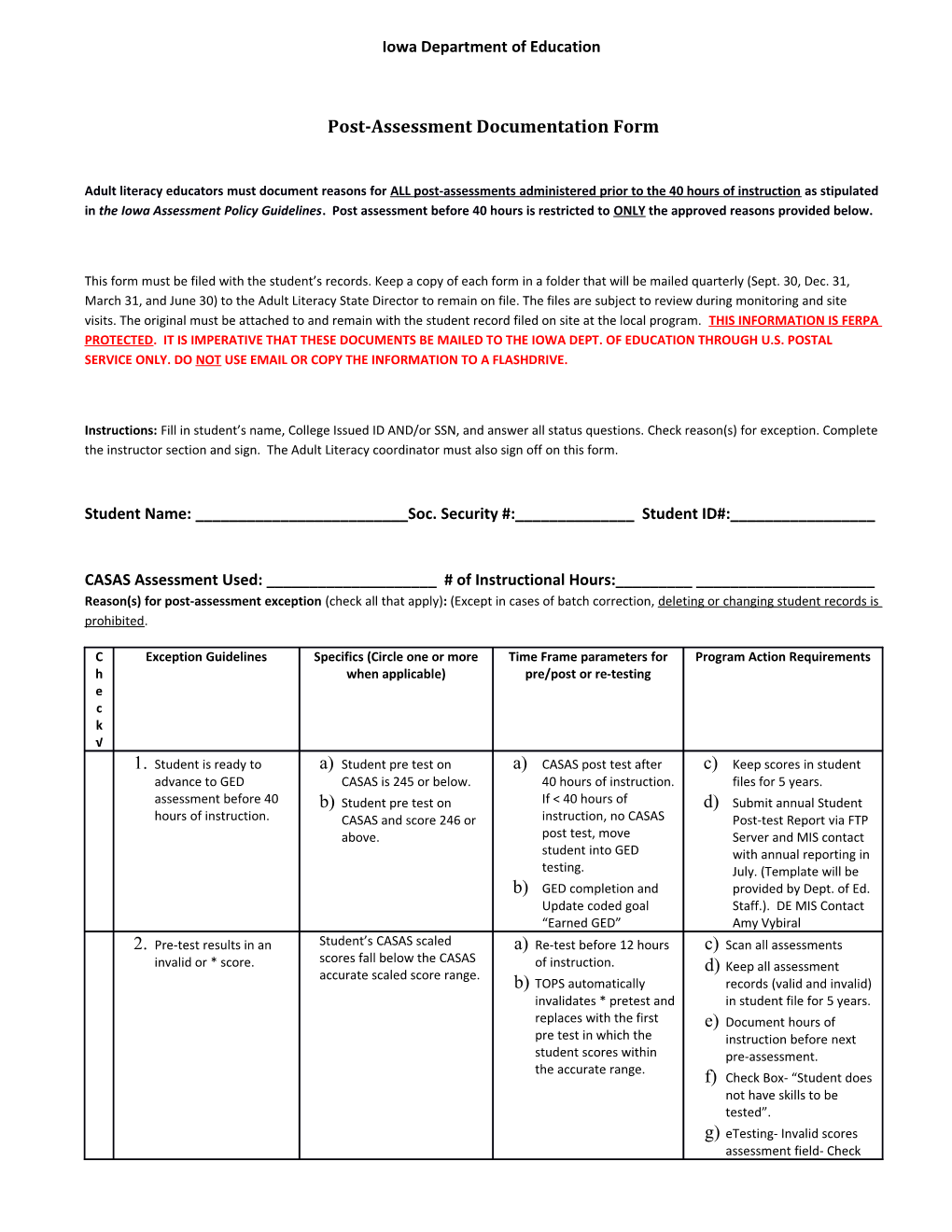 Post-Assessment Documentation Form