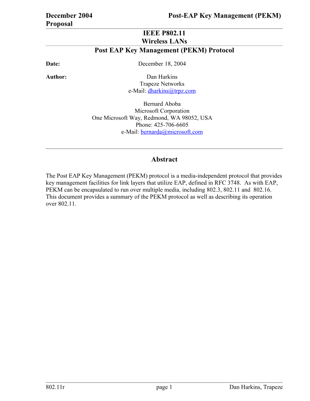 Post-EAP Key Management (PEKM) Proposal