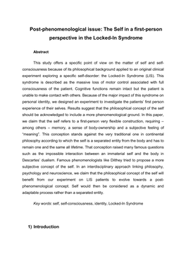 Post-Phenomenological Issue: the Self in a First-Person Perspective in the Locked-In Syndrome