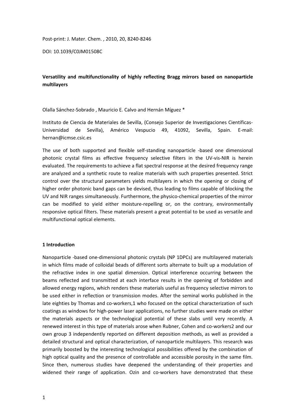 Post-Print: J. Mater. Chem. , 2010, 20, 8240-8246