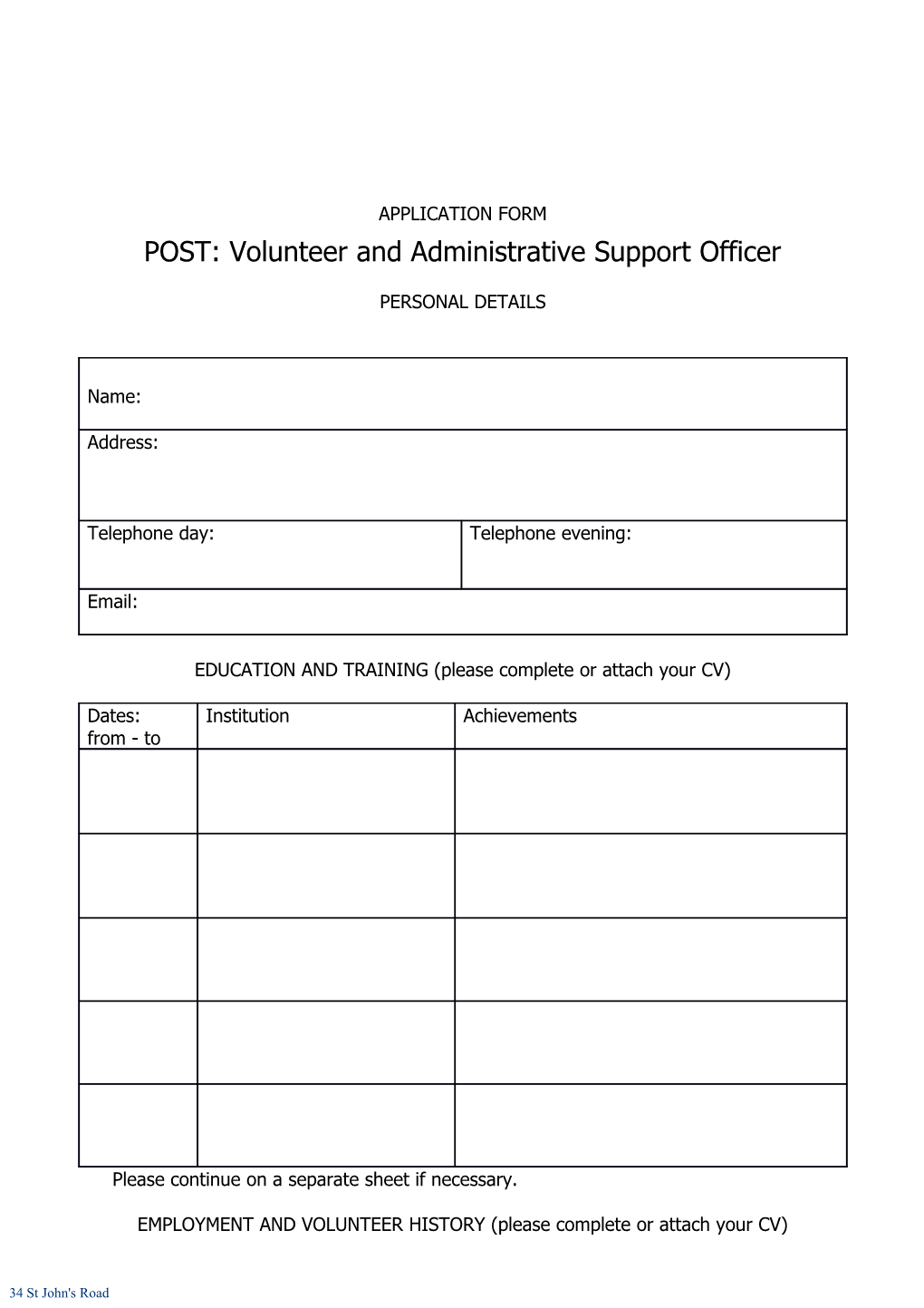 POST: Volunteer and Administrative Support Officer