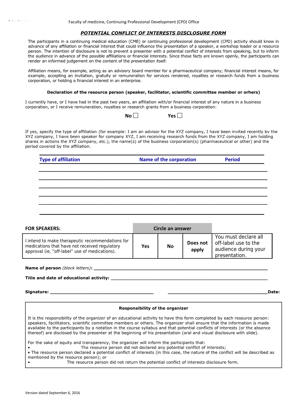 Potential Conflict of Interests Disclosure Form