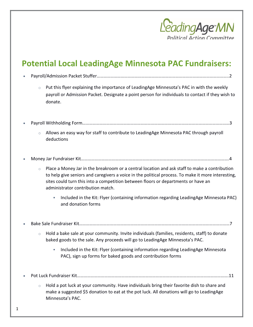 Potential Local Leadingage Minnesota PAC Fundraisers