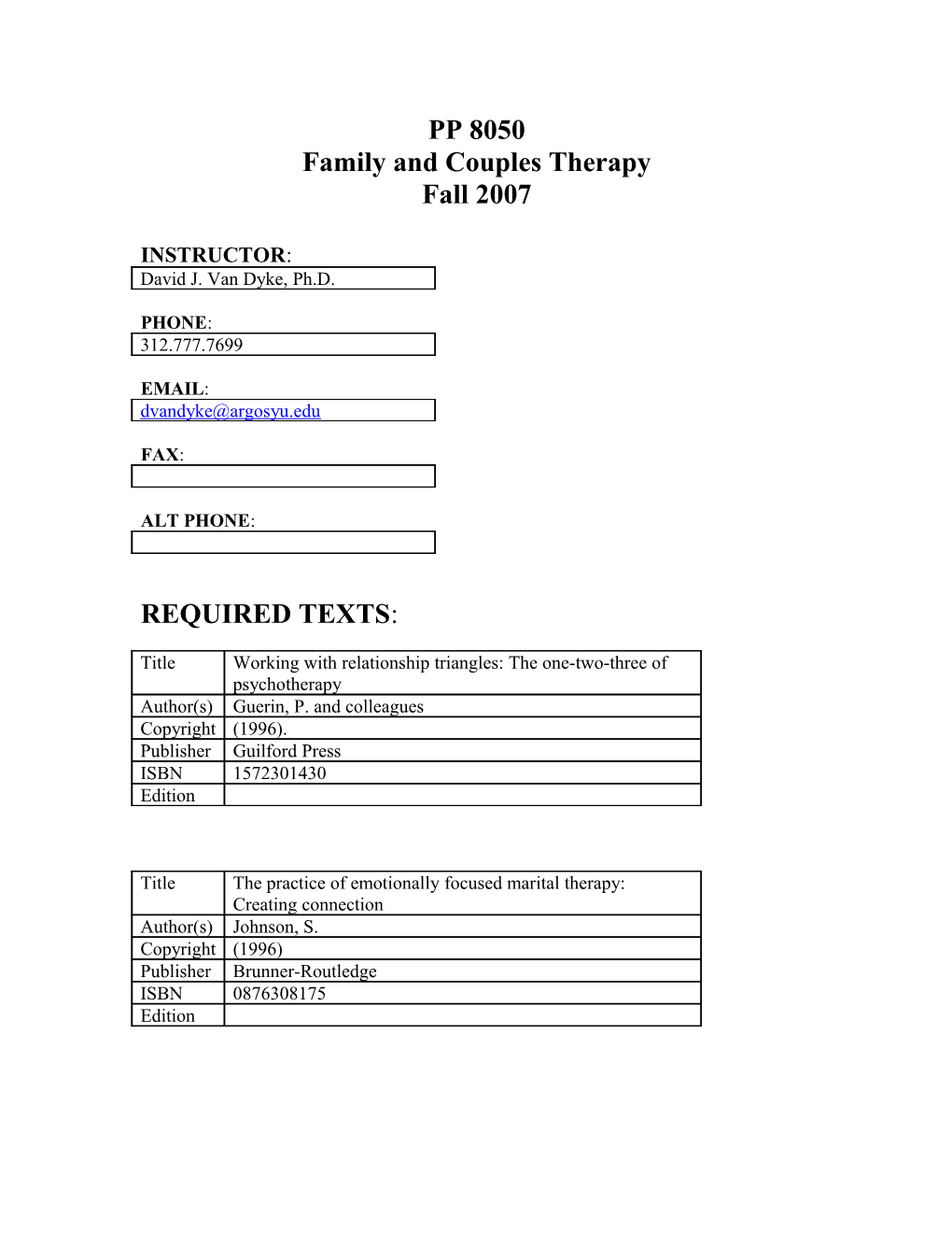 PP 8050 Family & Couples Therapy Van Dyke, Fall 2002