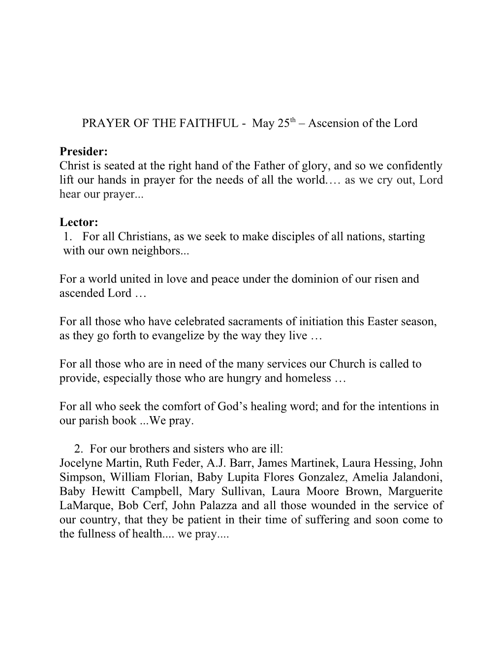 PRAYER of the FAITHFUL - May 25Th Ascension of the Lord