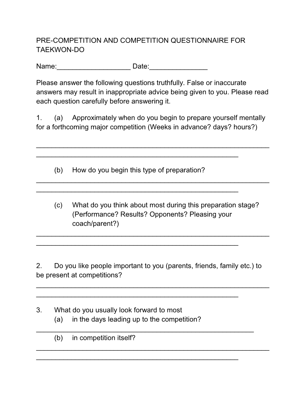 Pre Competition and Competition Questionnaire for Taekwon-Do