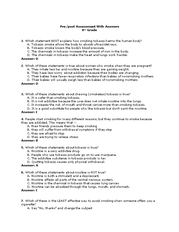 Pre/Post Assessment with Answers