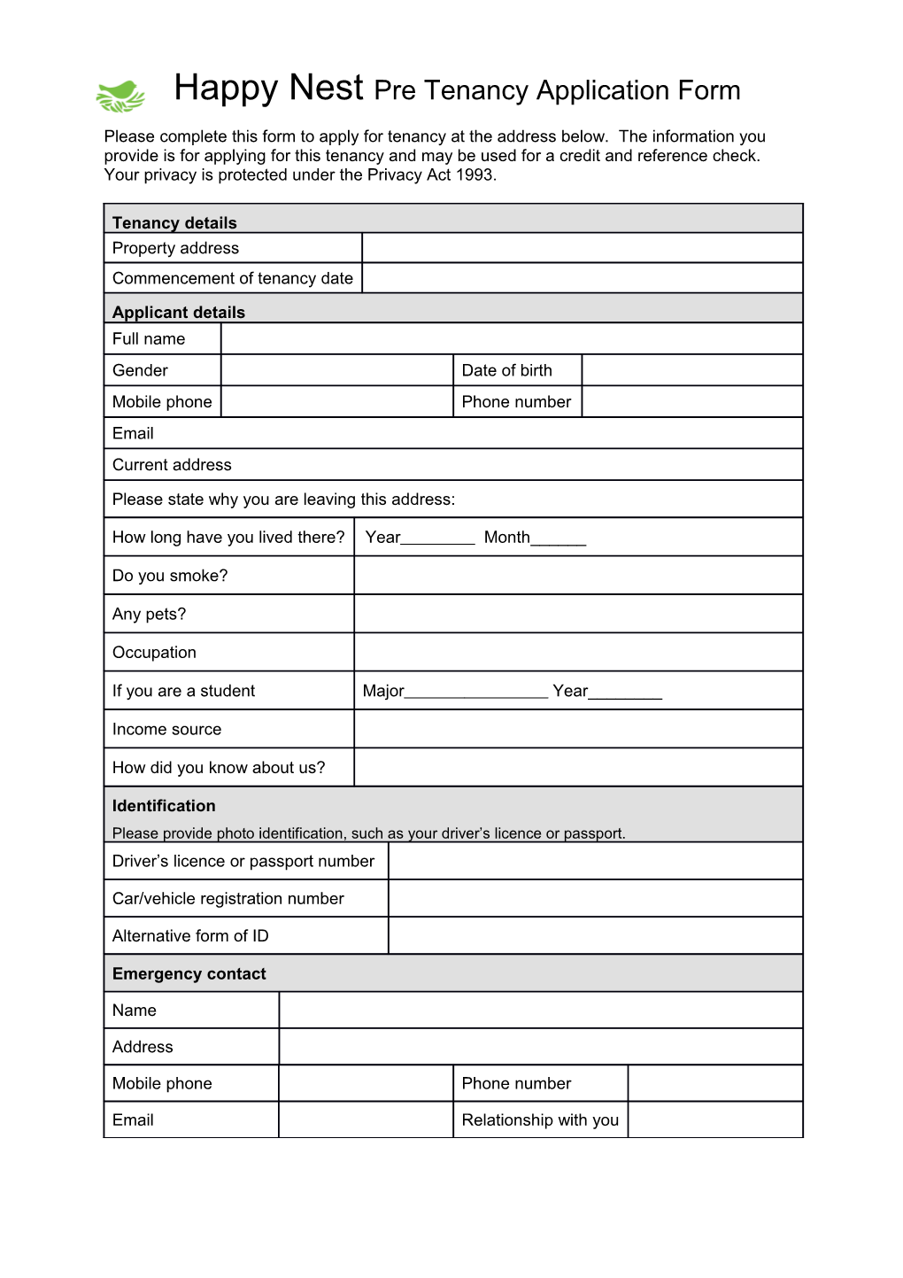 Pre-Tenancy Application Form