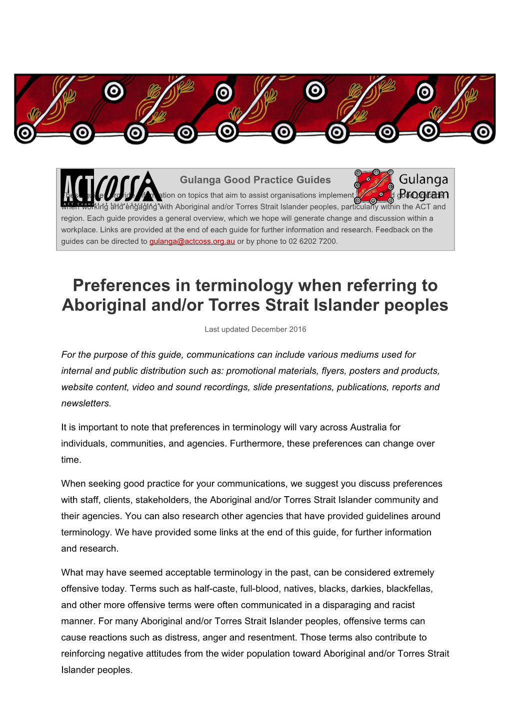 Preferences in Terminology When Referring to Aboriginal And/Or Torres Strait Islander Peoples