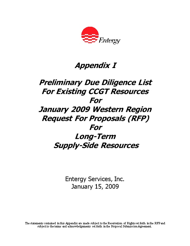 Preliminary Due Diligence List for Existing CCGT Resources