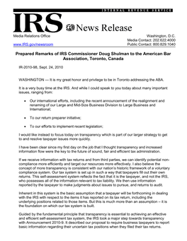 Prepared Remarks of IRS Commissioner Doug Shulman to the American Bar Association, Toronto