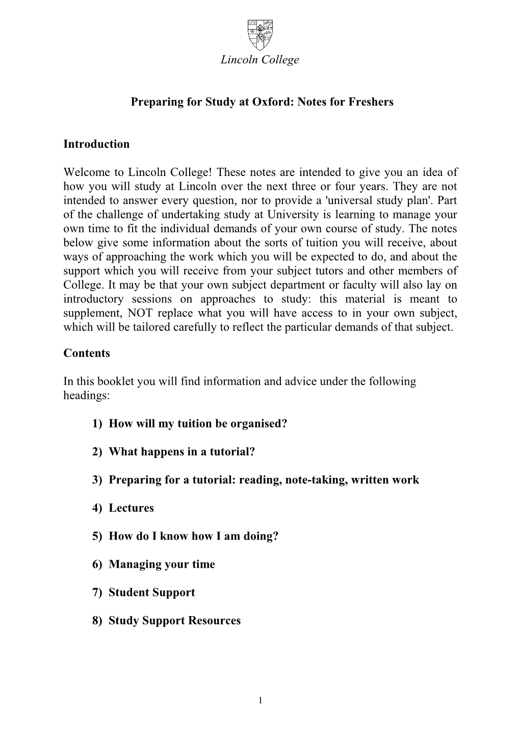 Preparing for Study at Oxford: Notes for Freshers