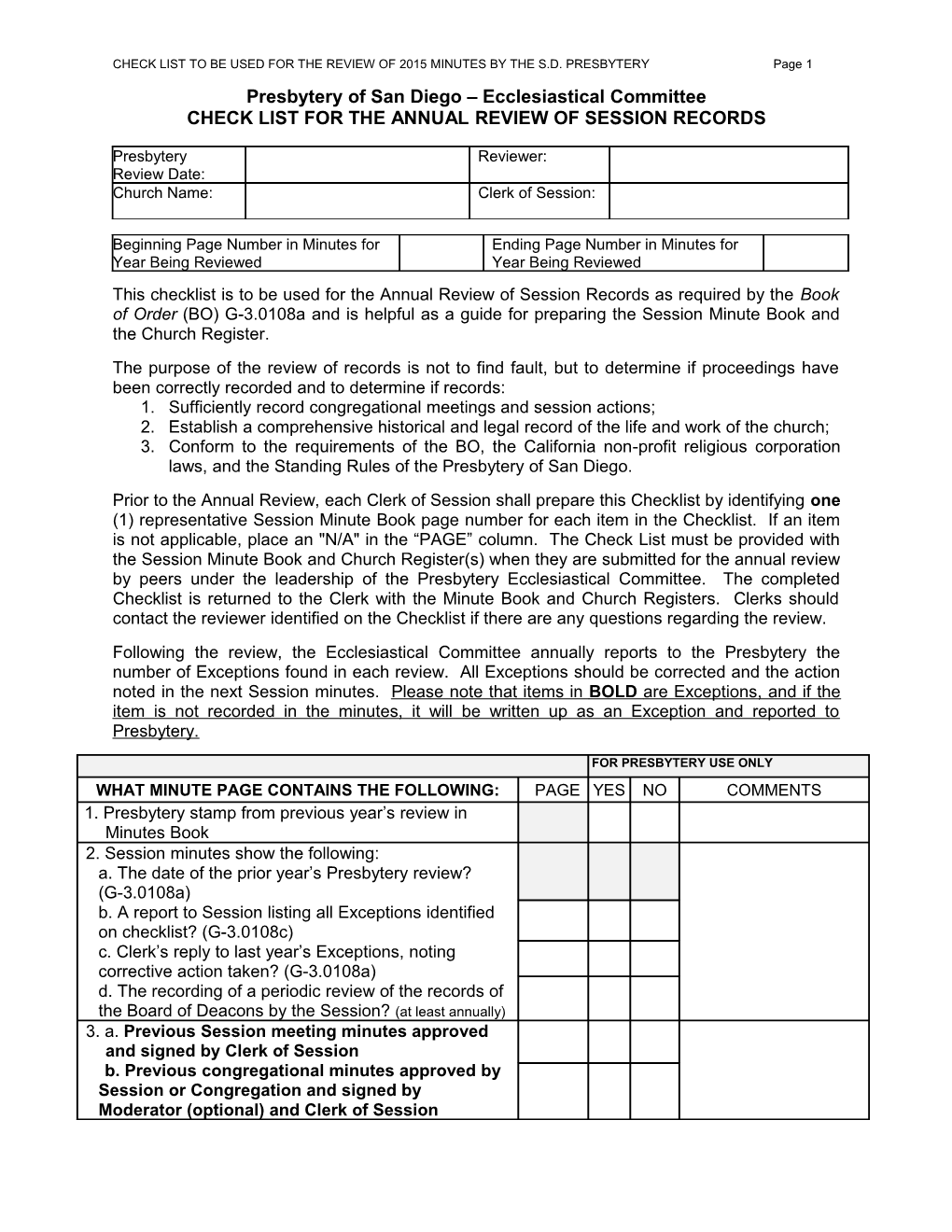 Presbytery Review Form 2008