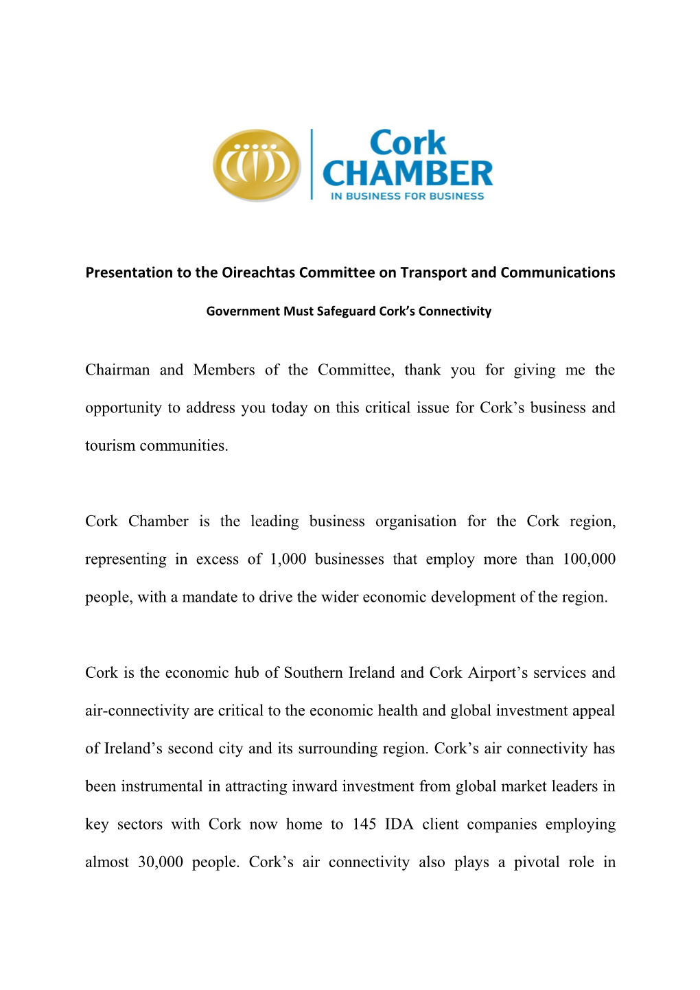 Presentation to the Oireachtas Committee on Transport and Communications
